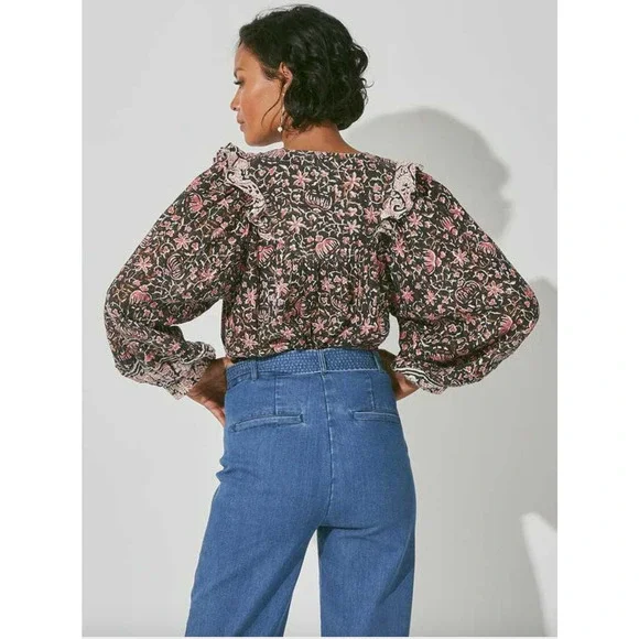 CLEOBELLA NWT Evereve Brynlee Black Pink Org Cotton Metallic Print Blouse // L - Picture 3 of 16